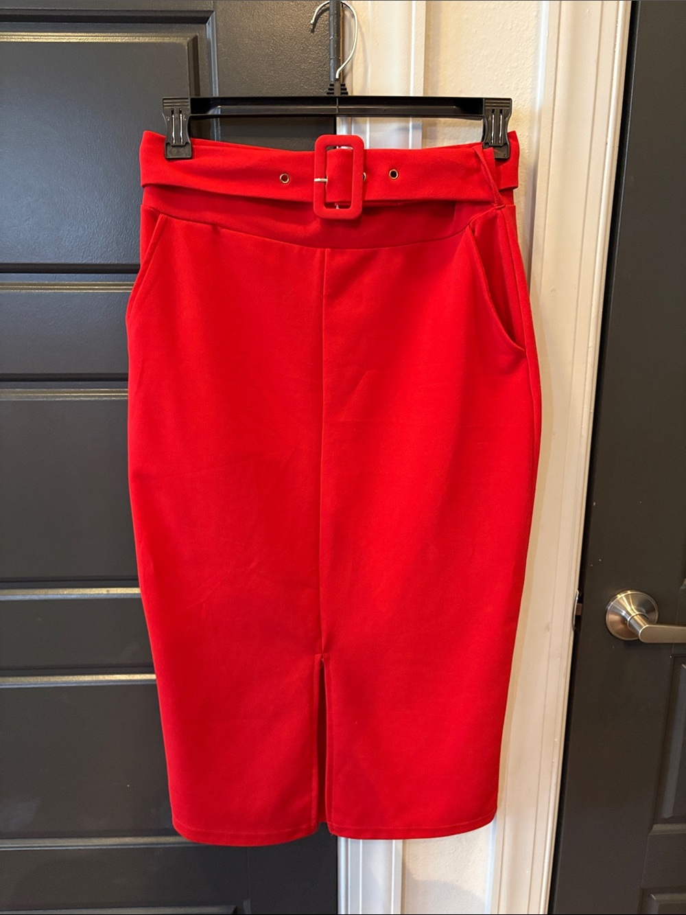 Red Belted Pencil Skirt - Classic Women's Workwear